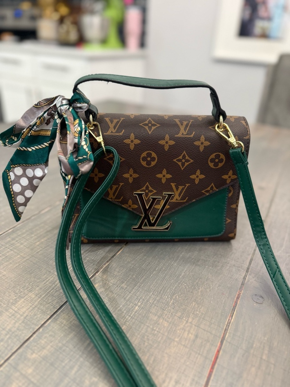 Designer-Inspired Monogram Crossbody Bag in Brown and Green